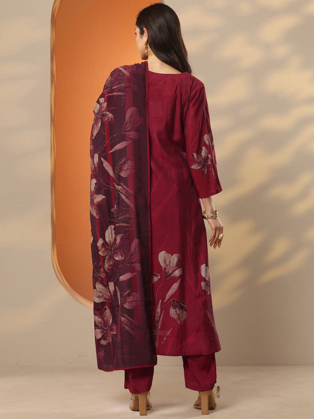  Maroon Printed Silk Blend A-Line Suit Set With Dupatta 