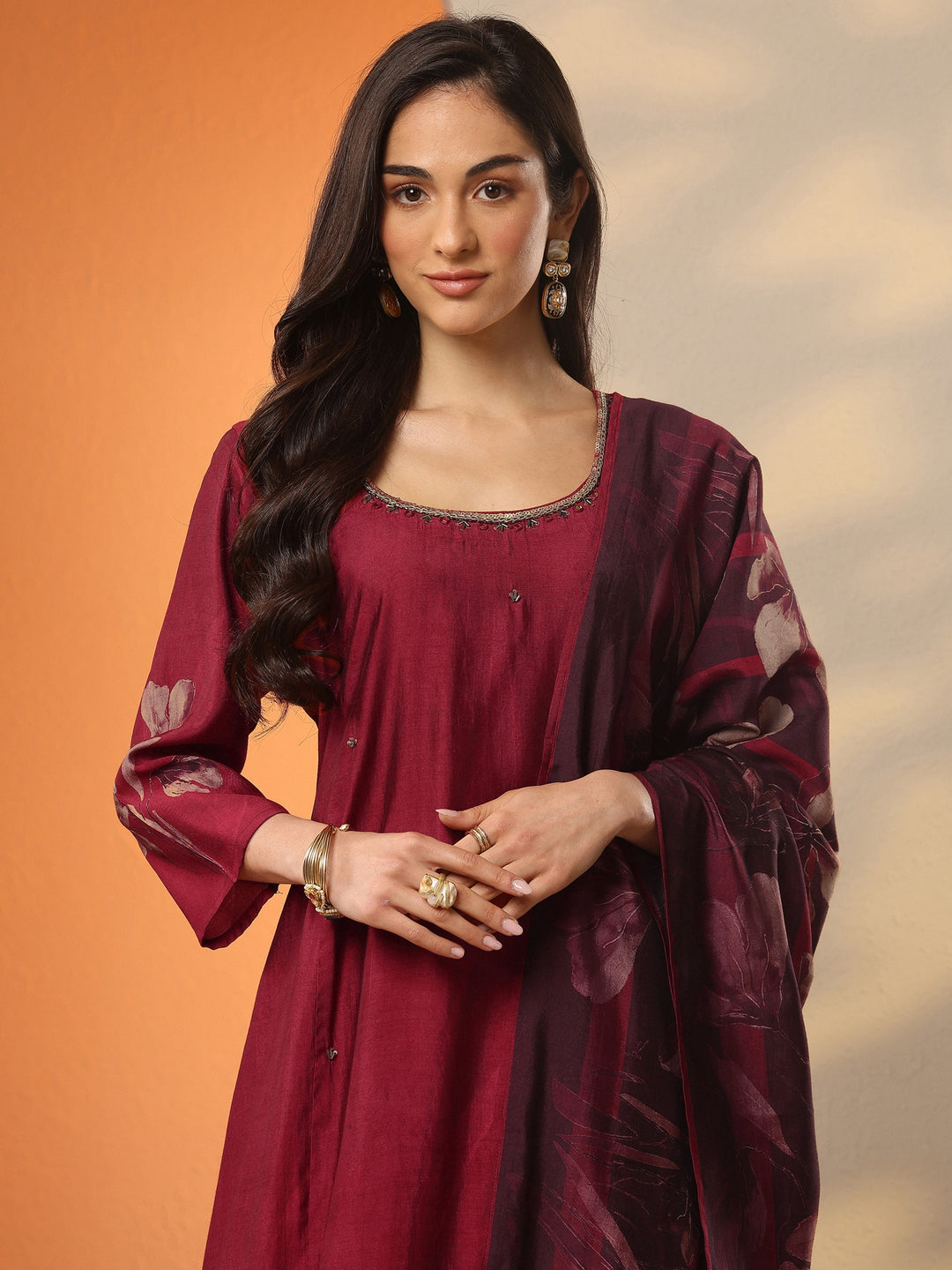  Maroon Printed Silk Blend A-Line Suit Set With Dupatta 