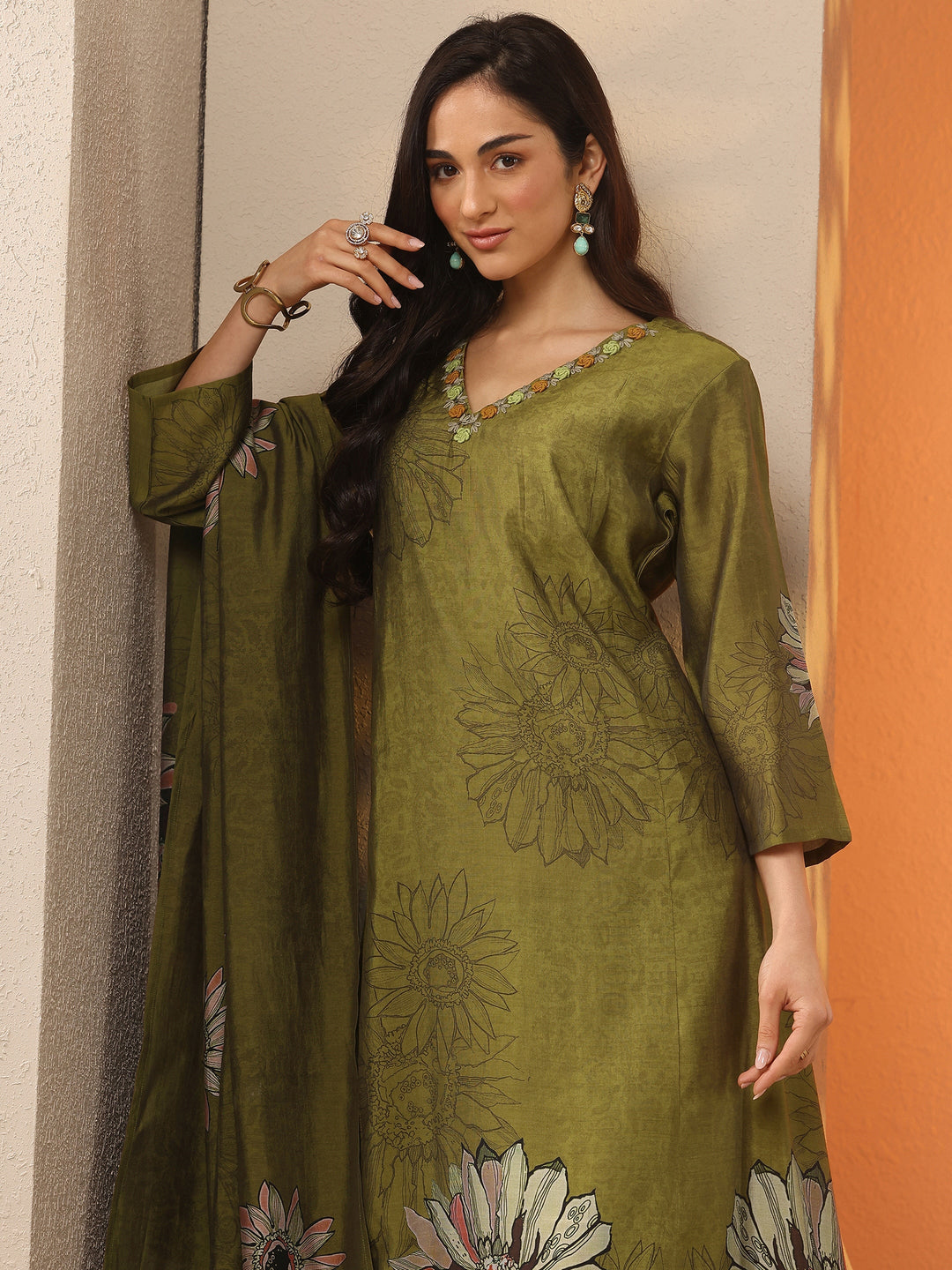  Olive Printed Silk Blend A-Line Suit Set With Dupatta 