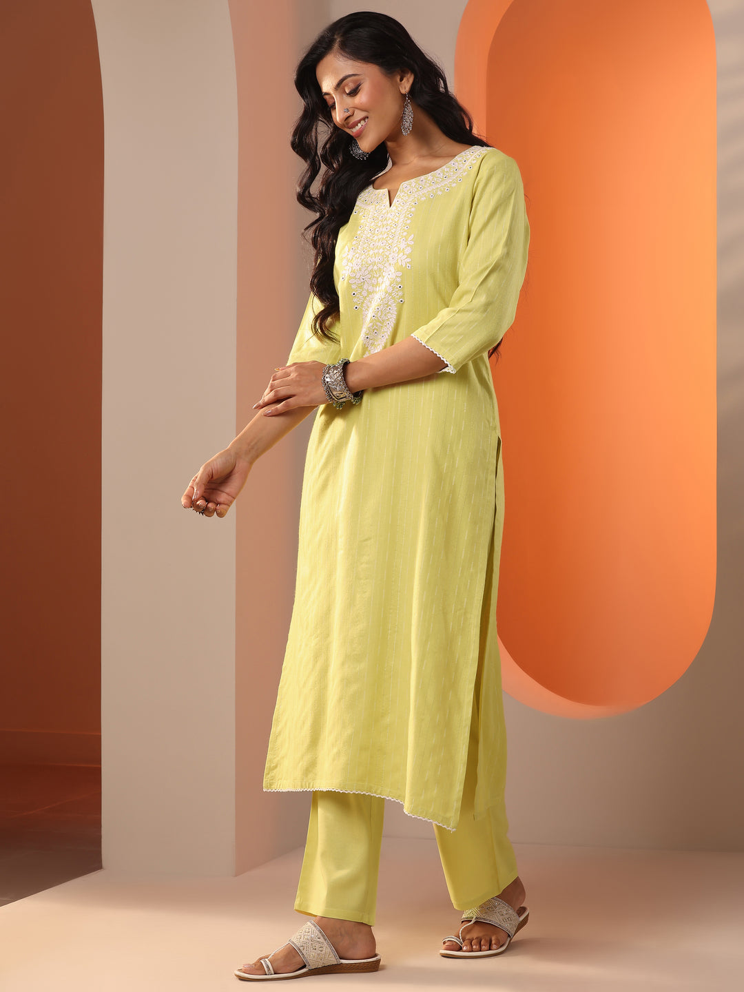  Green Embroidered Cotton Straight Suit Set With Dupatta 