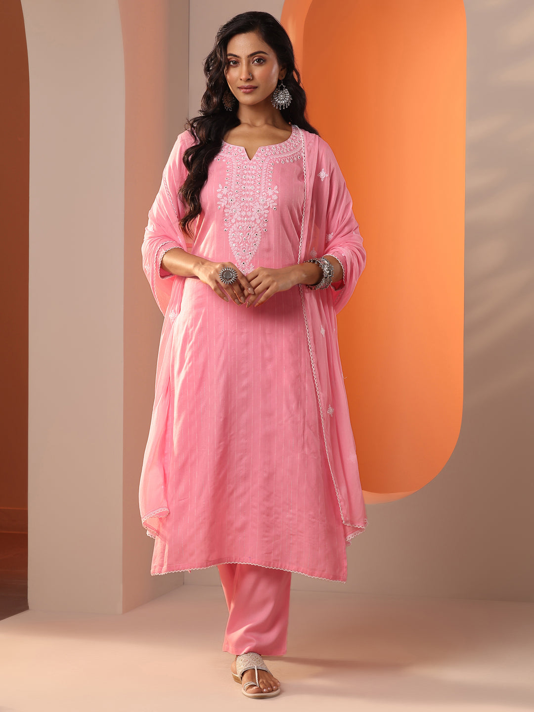  Peach Embroidered Cotton Straight Suit Set With Dupatta 