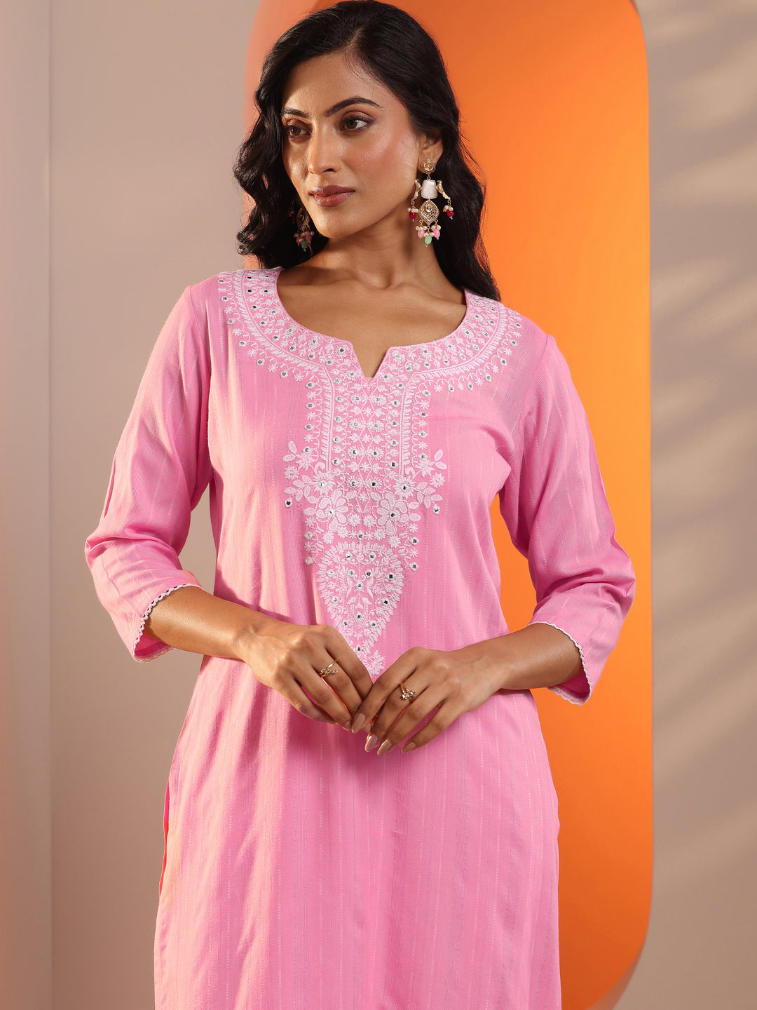  Pink Embroidered Cotton Straight Suit Set With Dupatta 