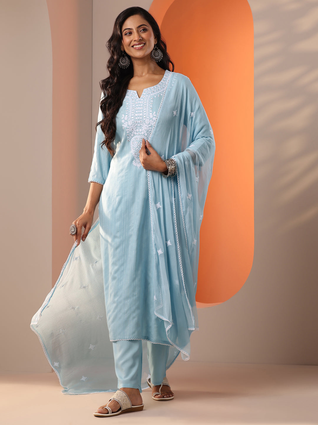  Blue Embroidered Cotton Straight Suit Set With Dupatta 