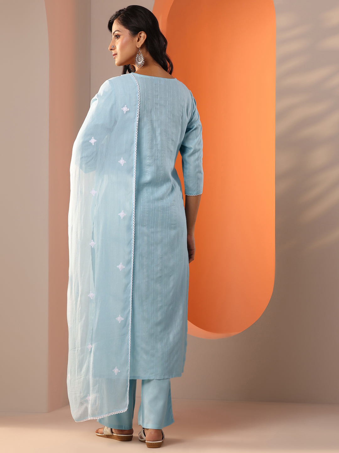  Blue Embroidered Cotton Straight Suit Set With Dupatta 