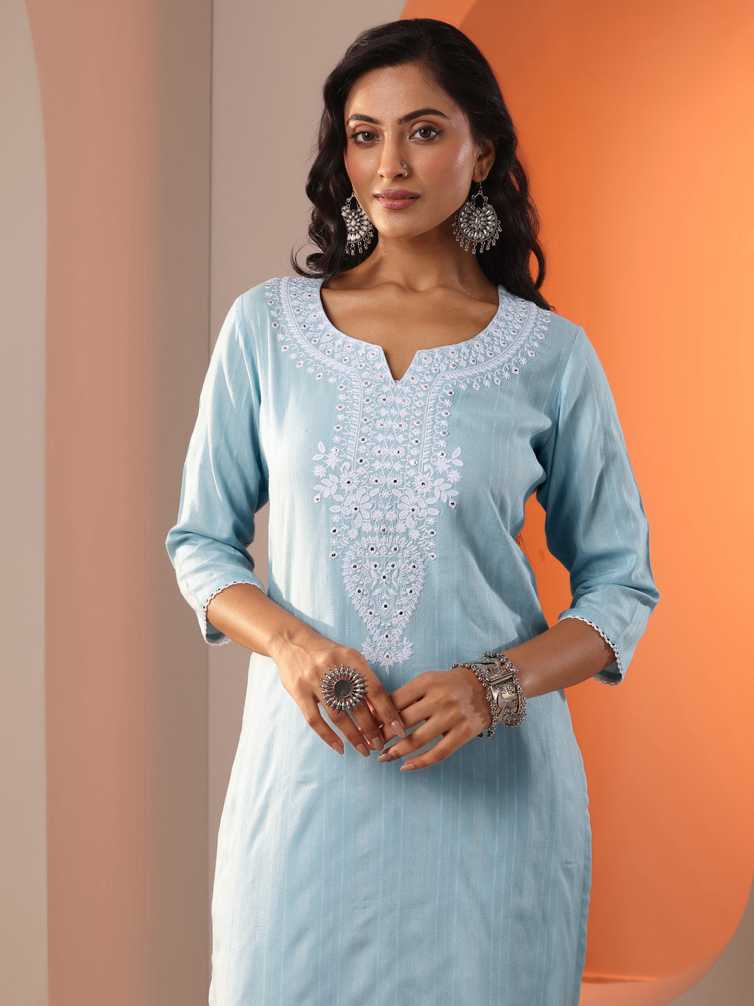  Blue Embroidered Cotton Straight Suit Set With Dupatta 