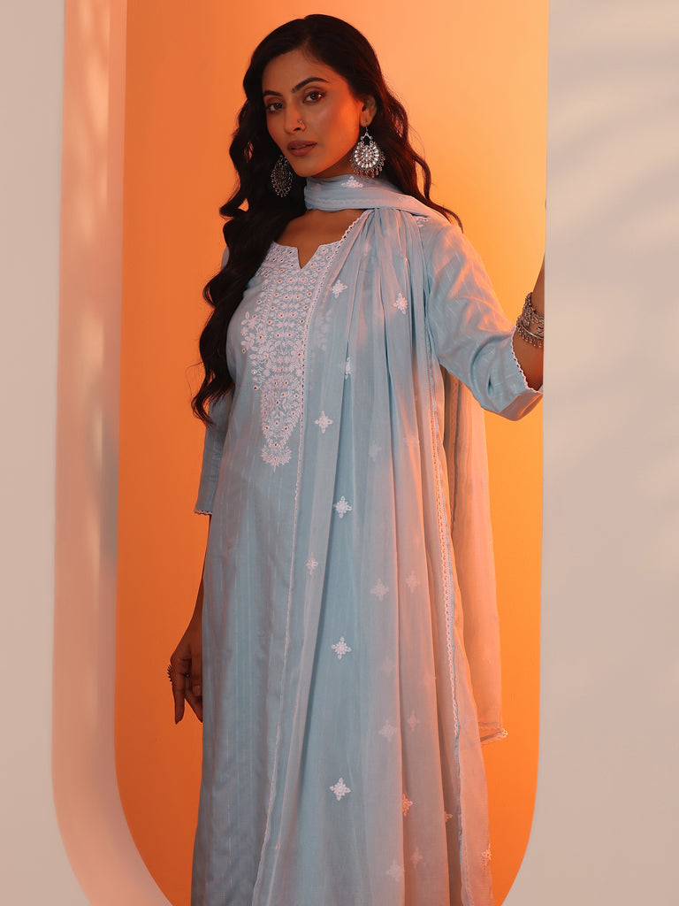 Libas Blue Embroidered Cotton Straight Suit Set With Dupatta