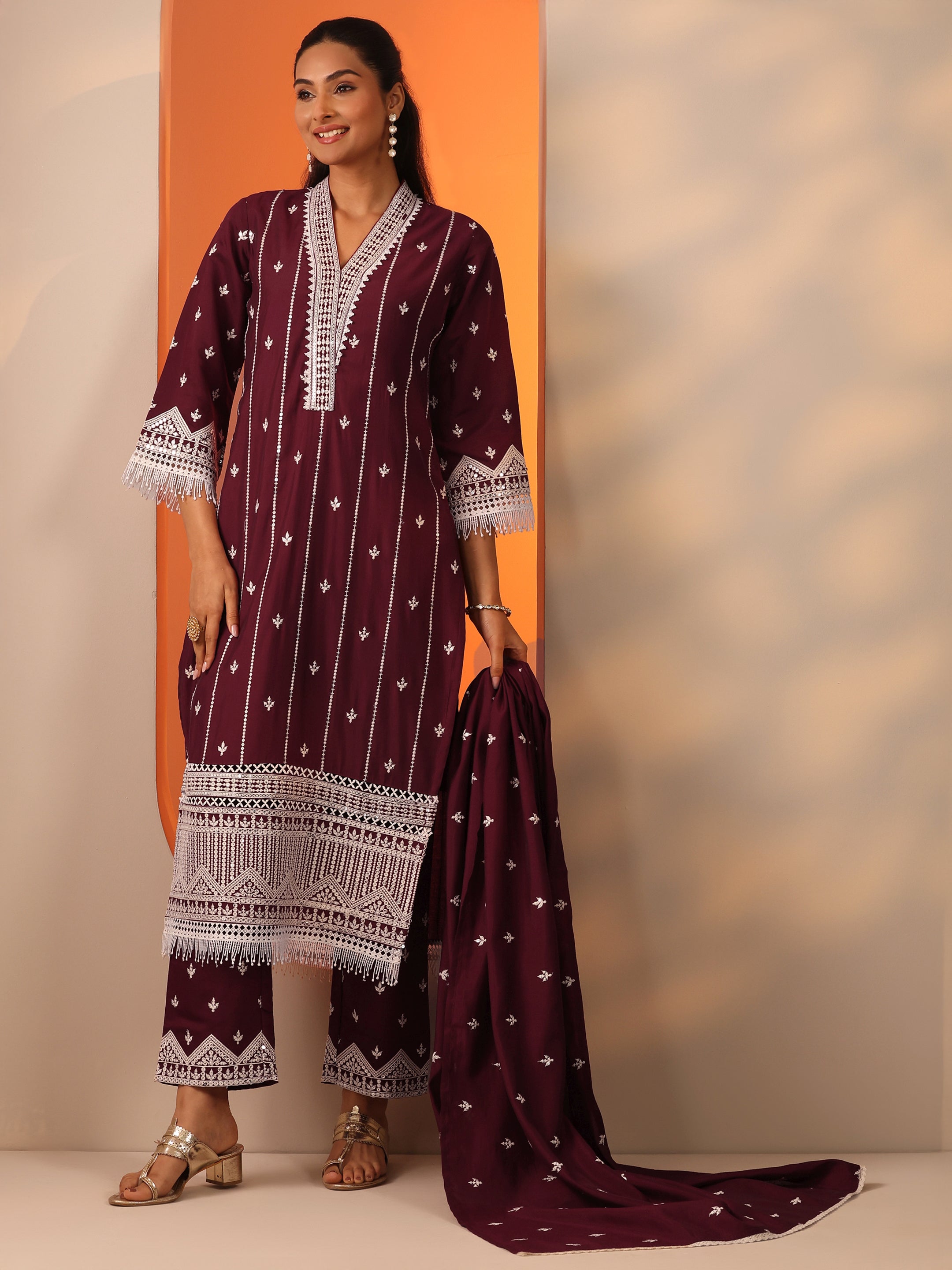 Maroon Embroidered Silk Blend Straight Suit Set With Dupatta-image-29