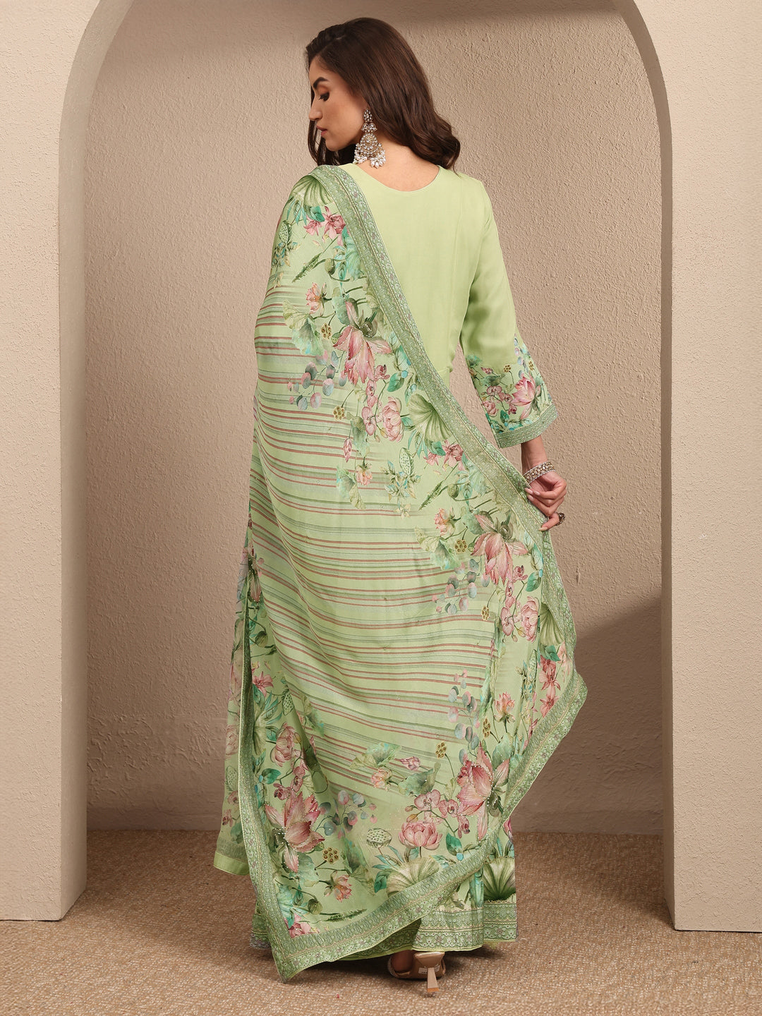  Libas Art Green Floral Printed Fit and Flare Gown With Dupatta 