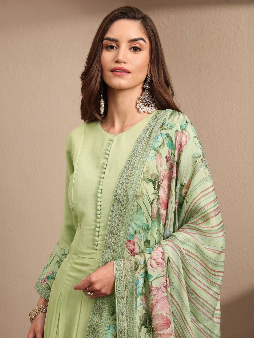  Libas Art Green Floral Printed Fit and Flare Gown With Dupatta 