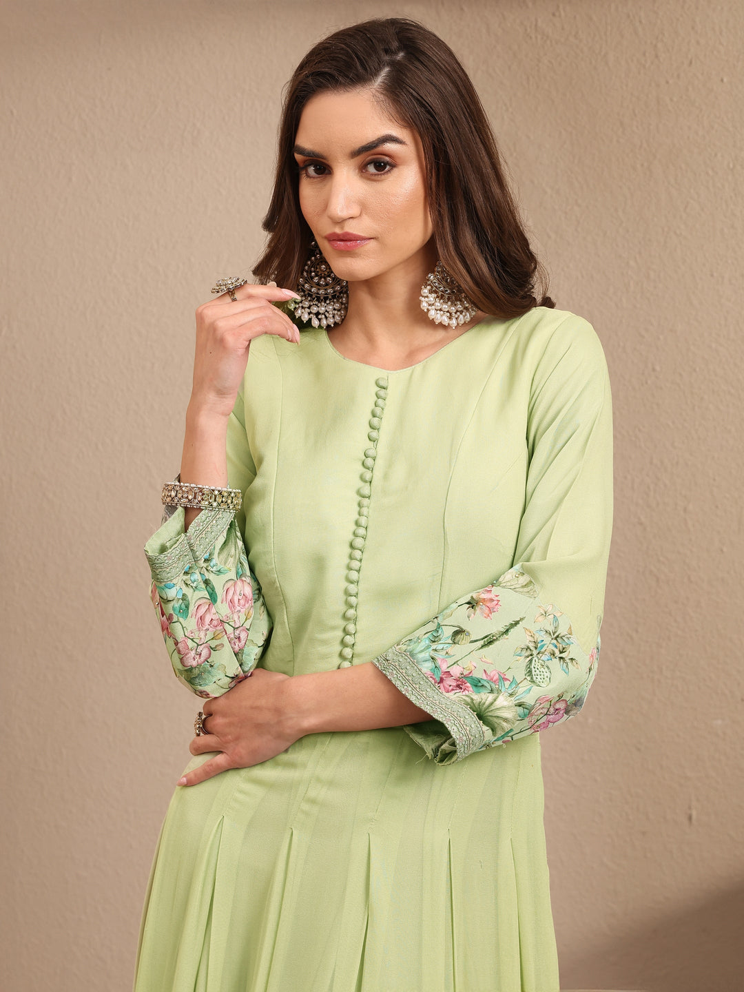  Libas Art Green Floral Printed Fit and Flare Gown With Dupatta 