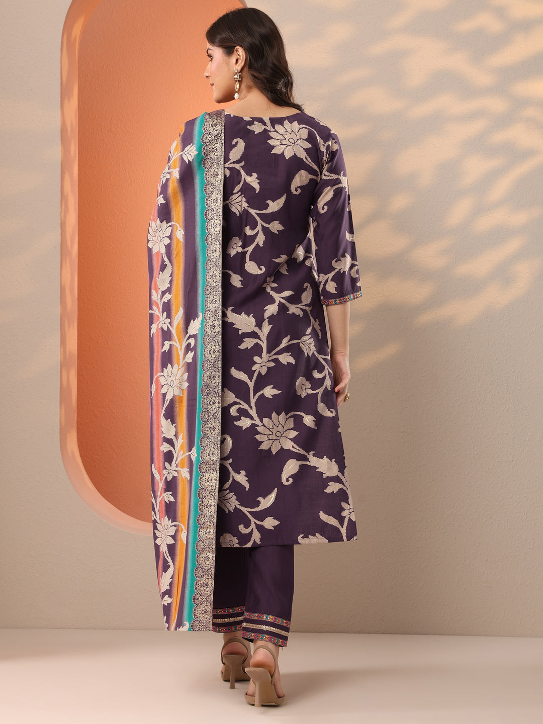  Purple Printed Silk Blend Straight Suit Set With Dupatta 