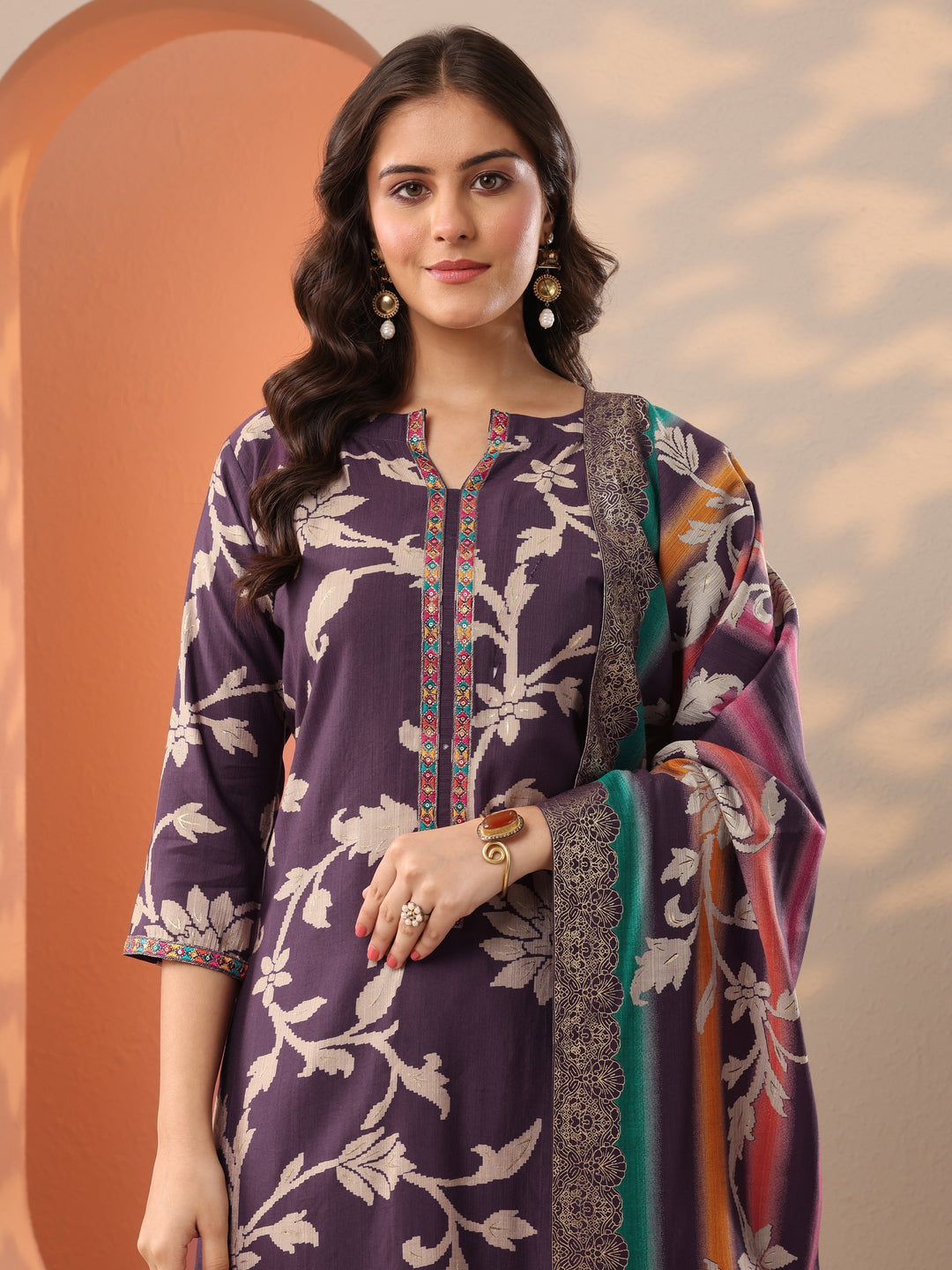  Purple Printed Silk Blend Straight Suit Set With Dupatta 