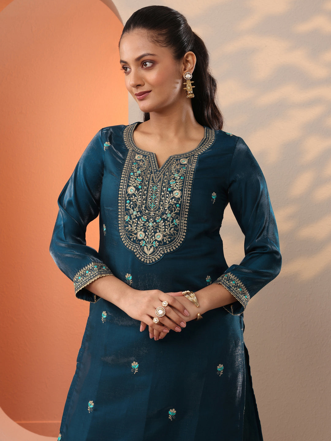  Teal Embroidered Silk Blend Straight Suit Set With Dupatta 