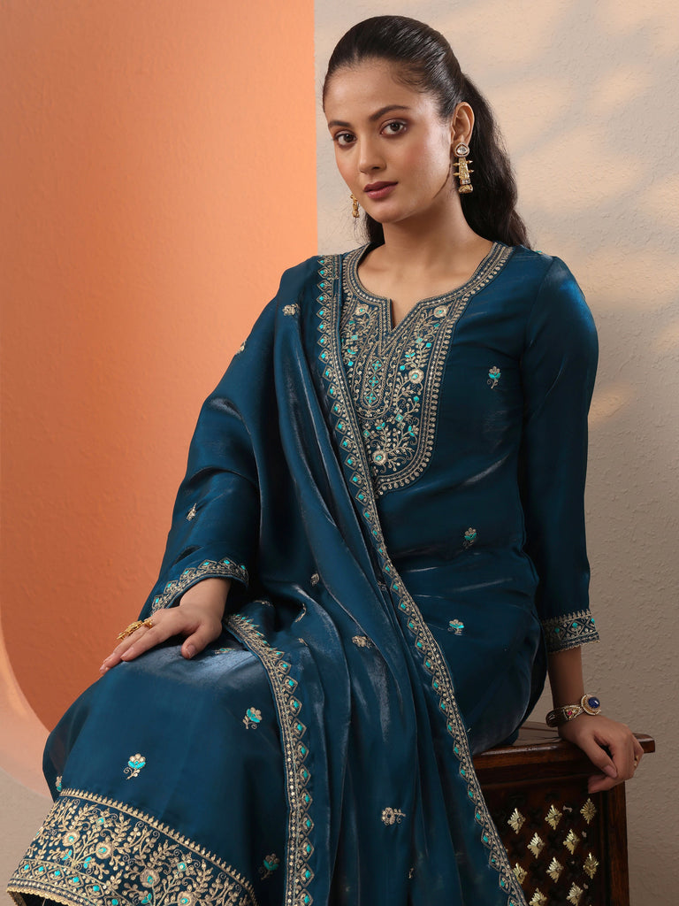 Libas Teal Embroidered Silk Blend Straight Suit Set With Dupatta