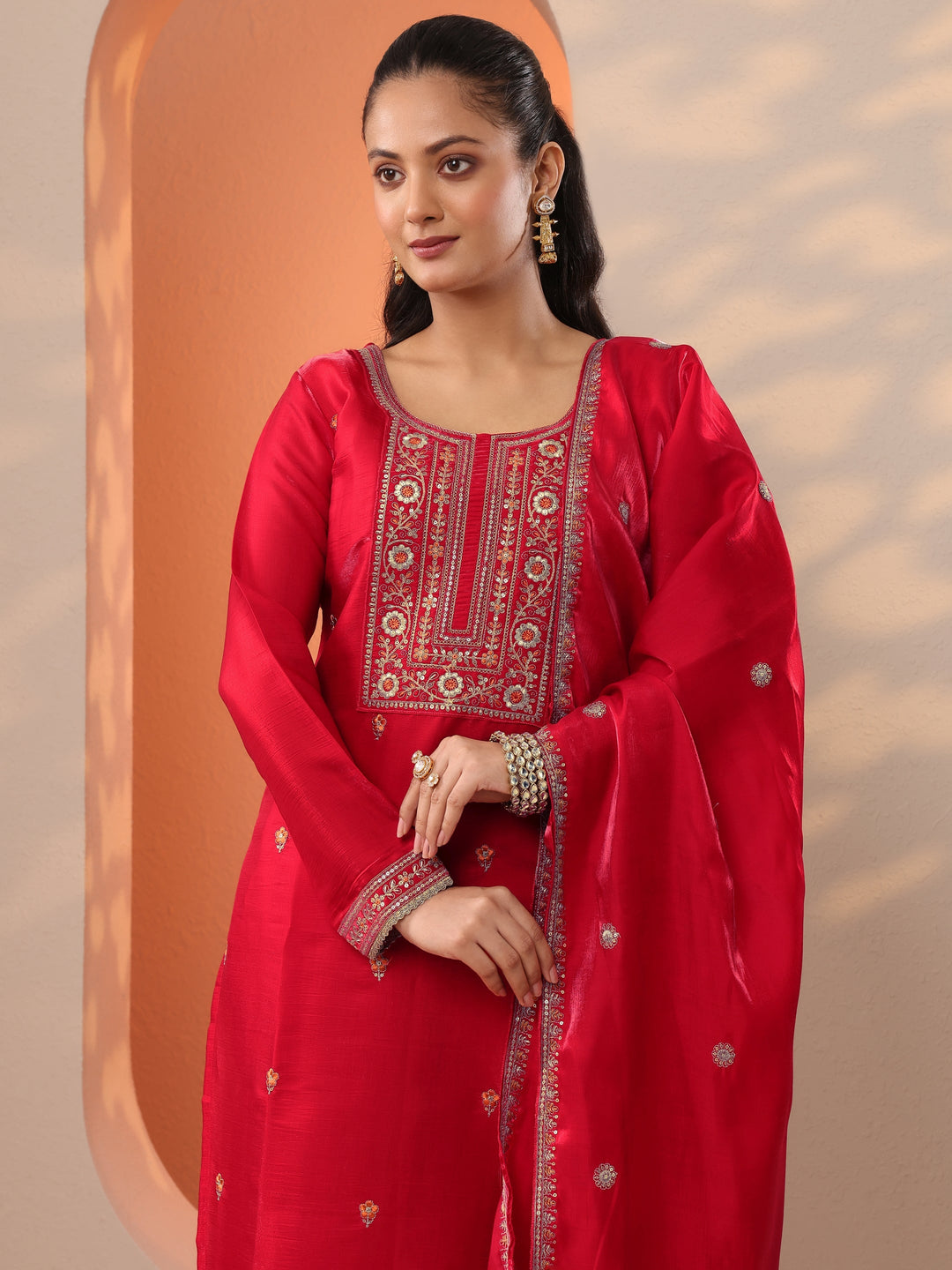  Red Embroidered Silk Blend Straight Suit Set With Dupatta 
