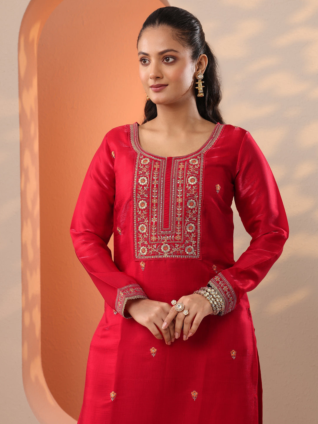  Red Embroidered Silk Blend Straight Suit Set With Dupatta 