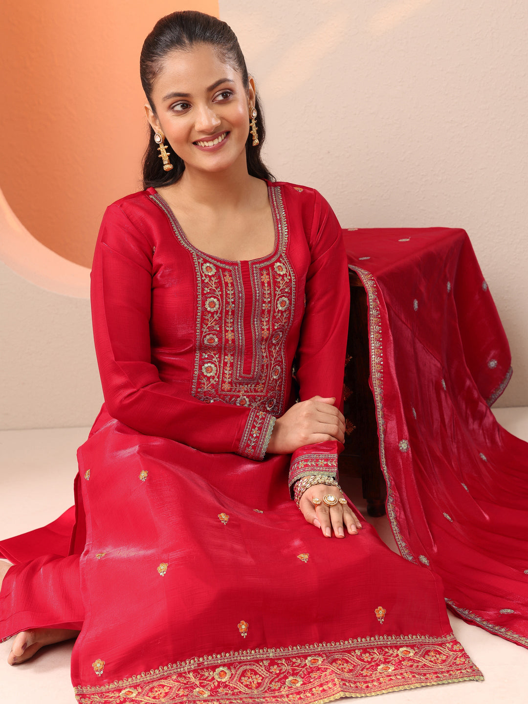  Red Embroidered Silk Blend Straight Suit Set With Dupatta 