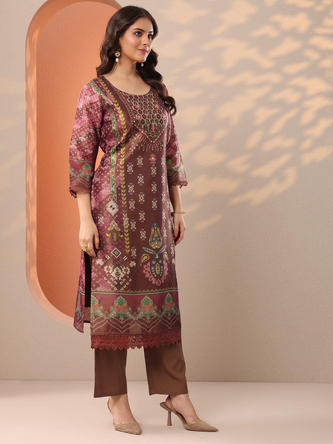  Brown Printed Silk Blend Straight Suit Set With Dupatta 