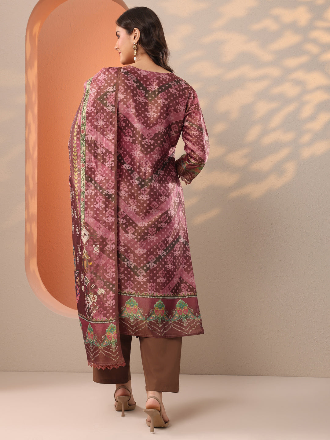  Brown Printed Silk Blend Straight Suit Set With Dupatta 