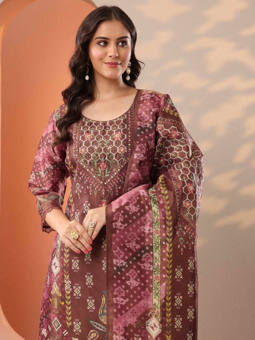  Brown Printed Silk Blend Straight Suit Set With Dupatta 