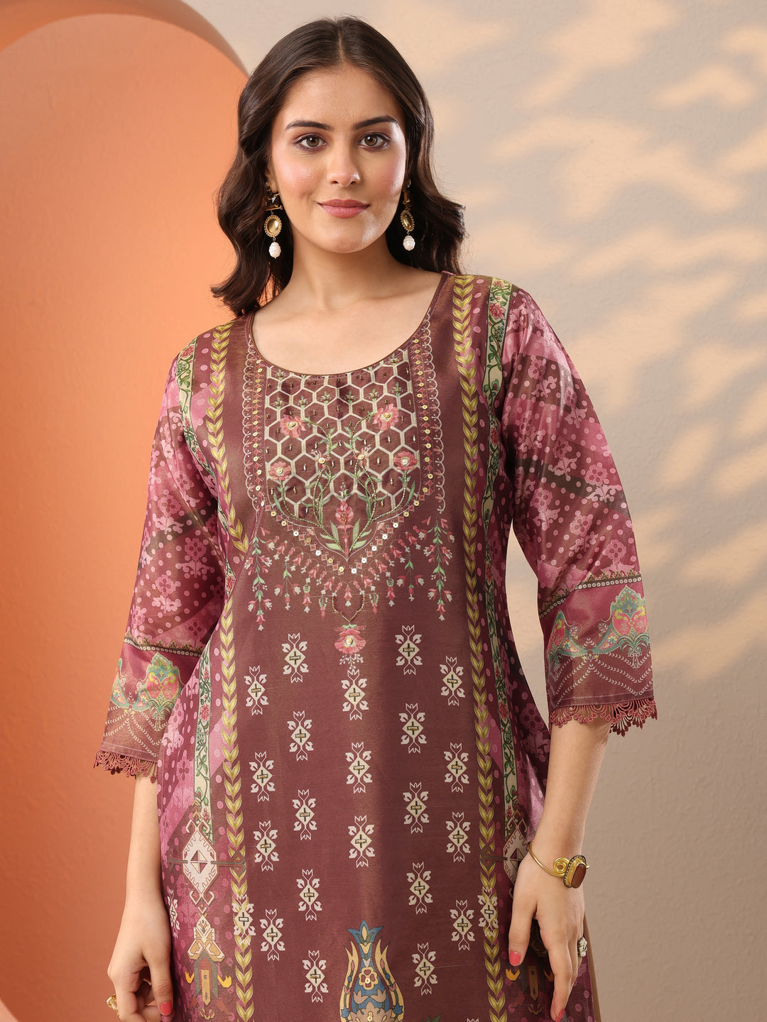  Brown Printed Silk Blend Straight Suit Set With Dupatta 