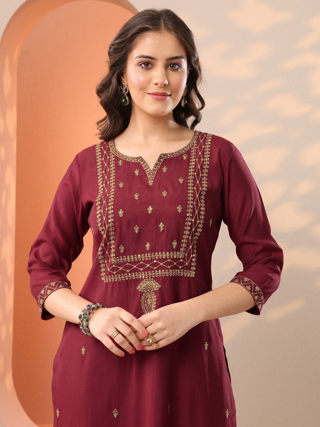  Maroon Embroidered Silk Blend Straight Kurta Set 