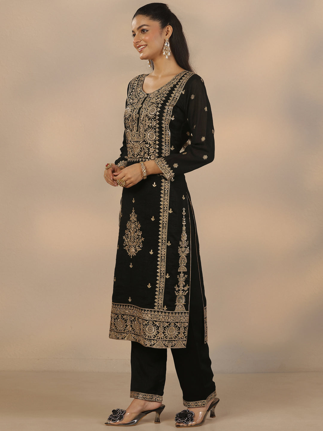  Libas Art Black Embroidered Silk Blend Straight Suit Set With Dupatta 