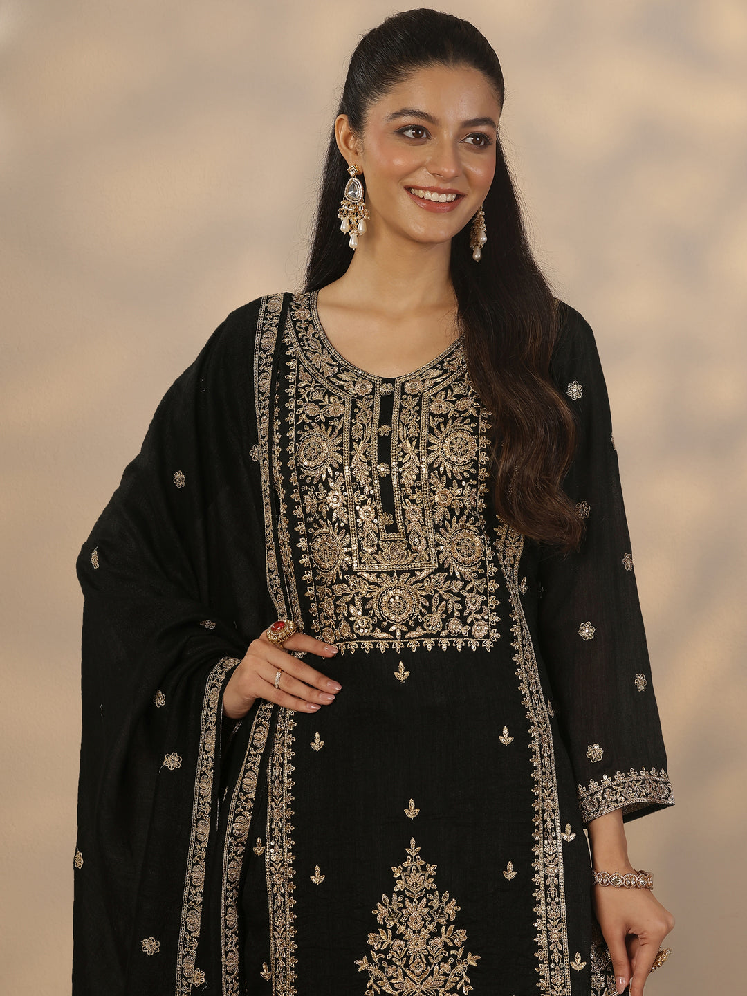  Libas Art Black Embroidered Silk Blend Straight Suit Set With Dupatta 