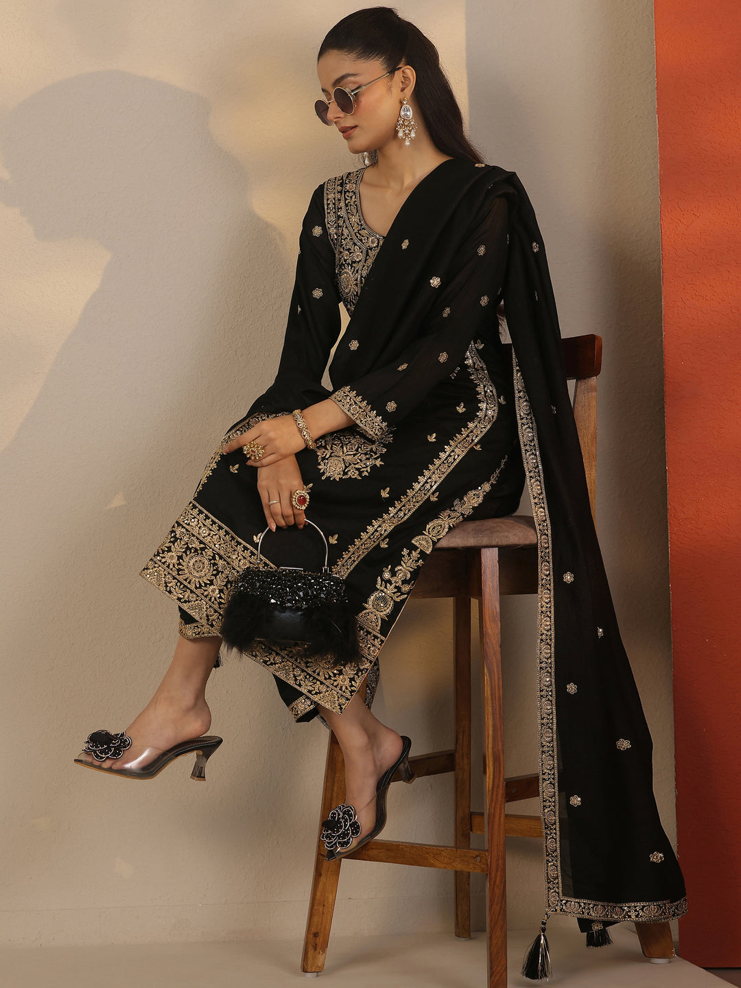  Libas Art Black Embroidered Silk Blend Straight Suit Set With Dupatta 