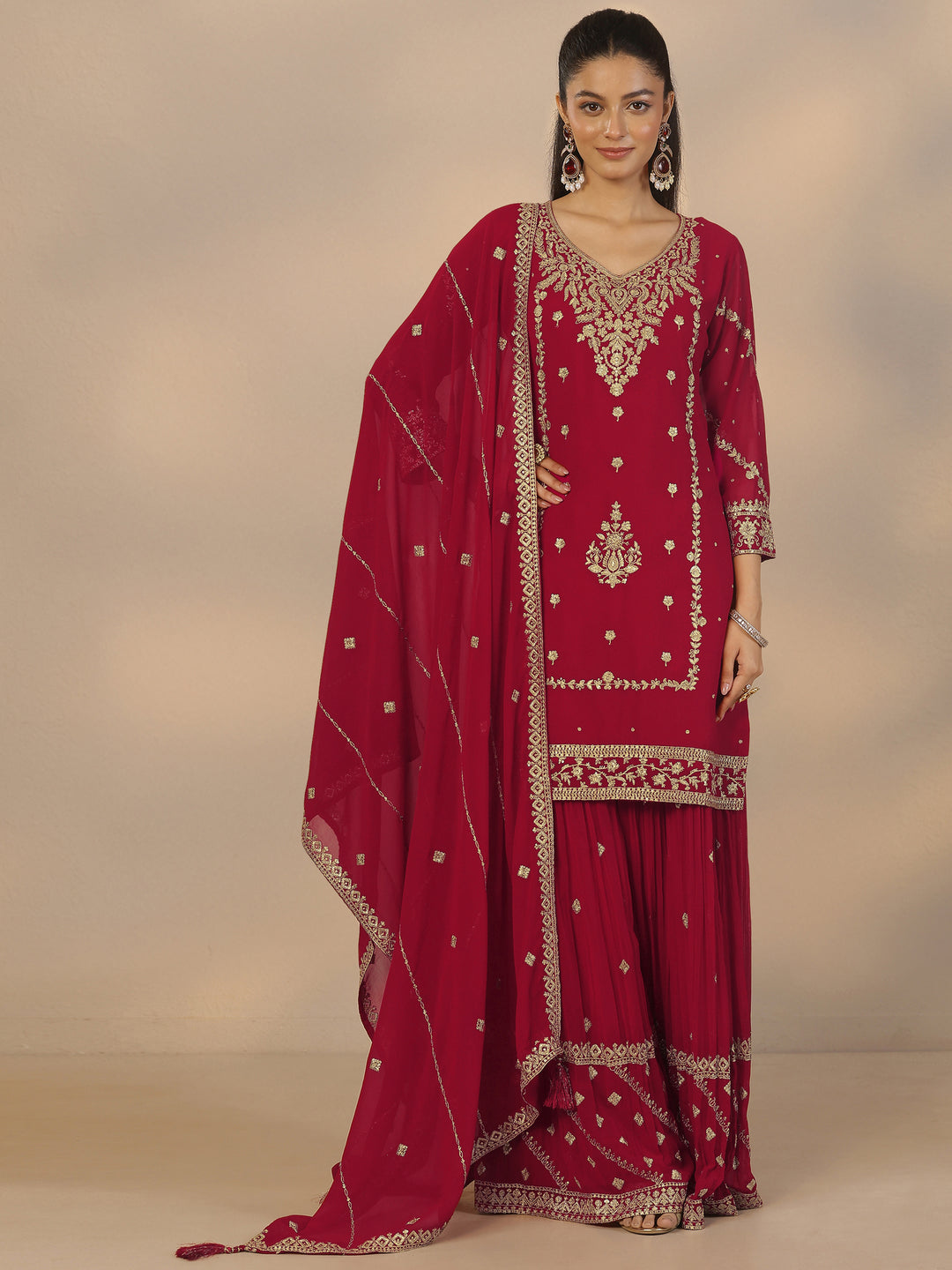  Libas Art Red Embroidered Georgette Straight Suit Set With Dupatta 