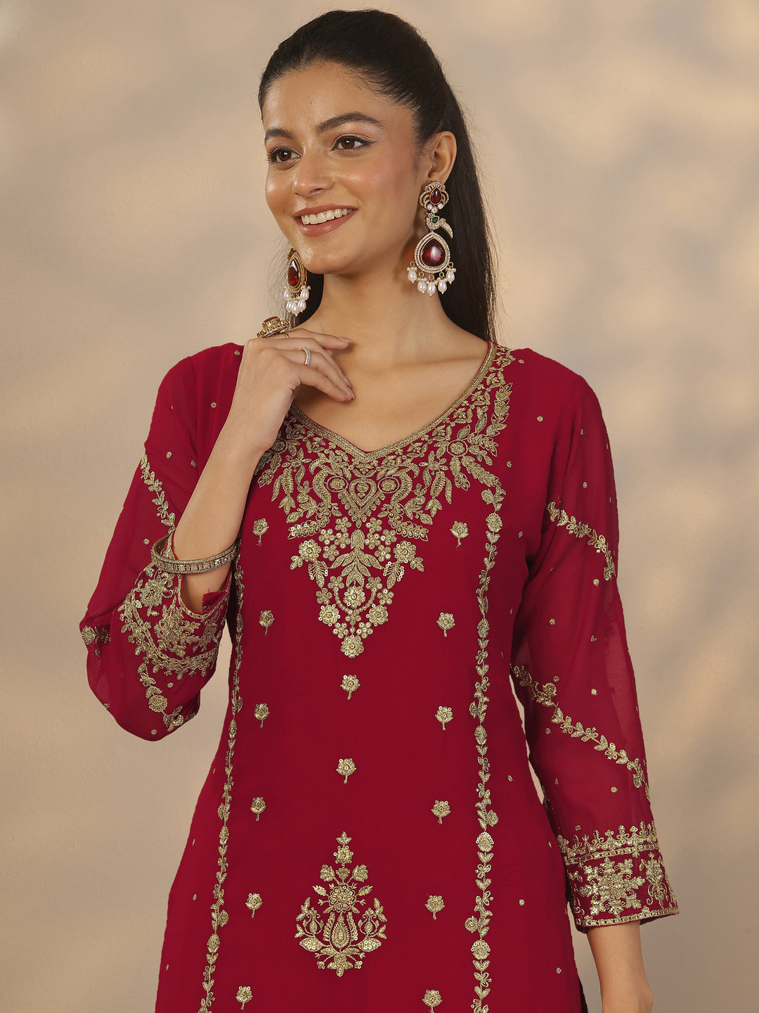  Libas Art Red Embroidered Georgette Straight Suit Set With Dupatta 