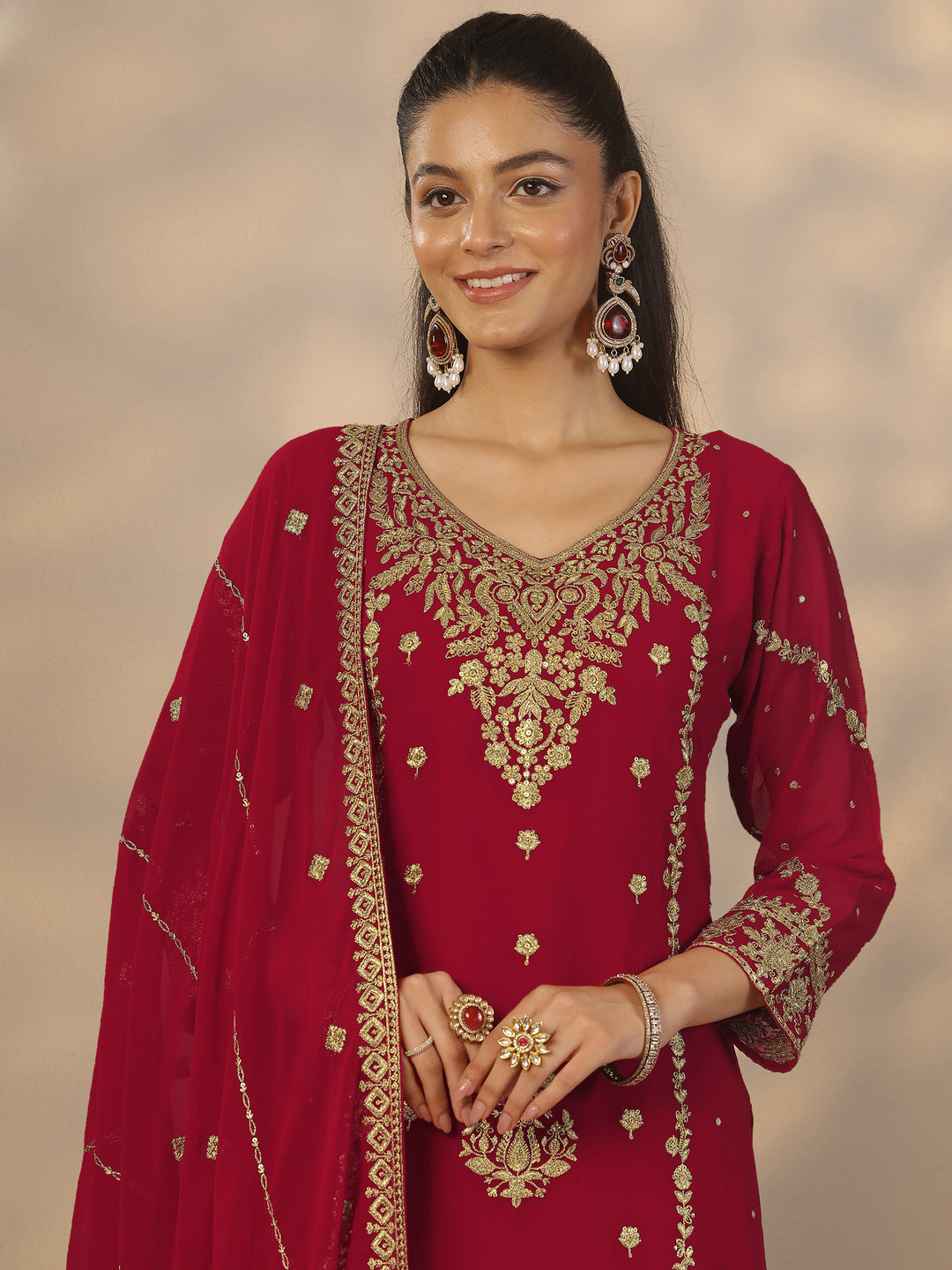  Libas Art Red Embroidered Georgette Straight Suit Set With Dupatta 