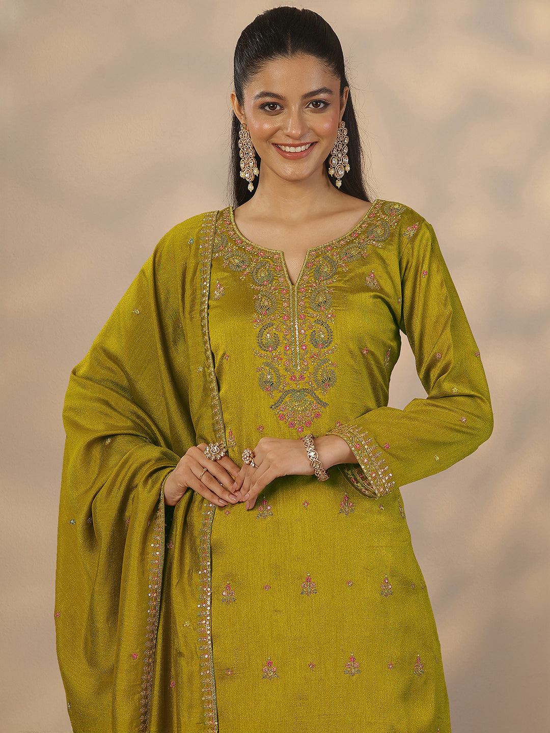  Libas Art Green Embroidered Silk Blend Straight Suit Set With Dupatta 