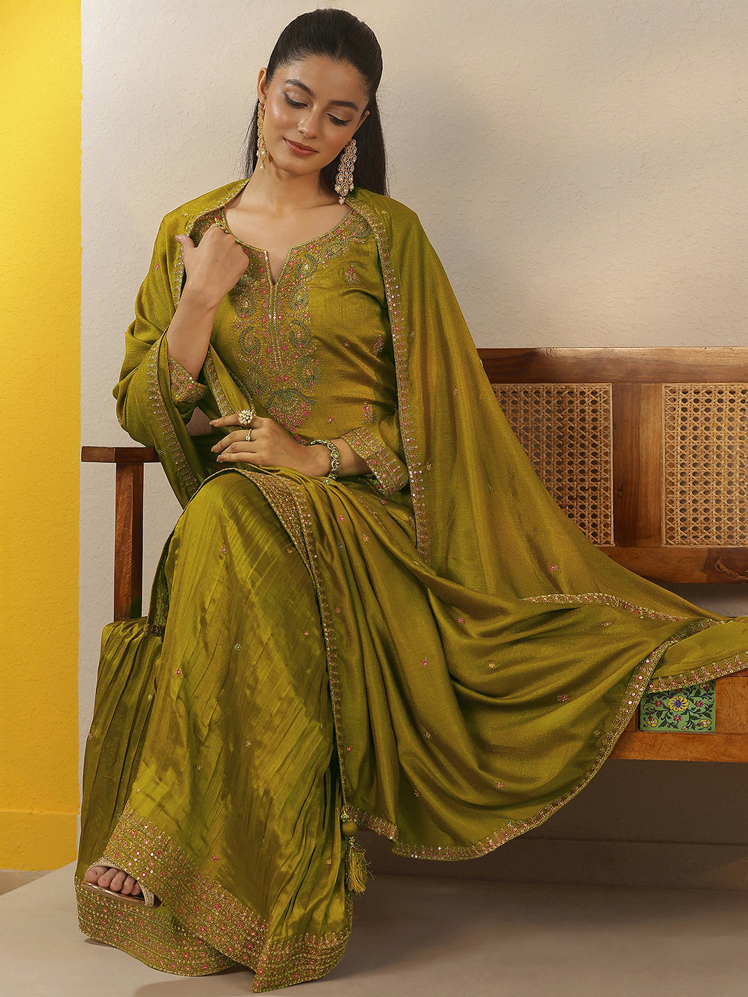 Libas Art Green Embroidered Silk Blend Straight Suit Set With Dupatta