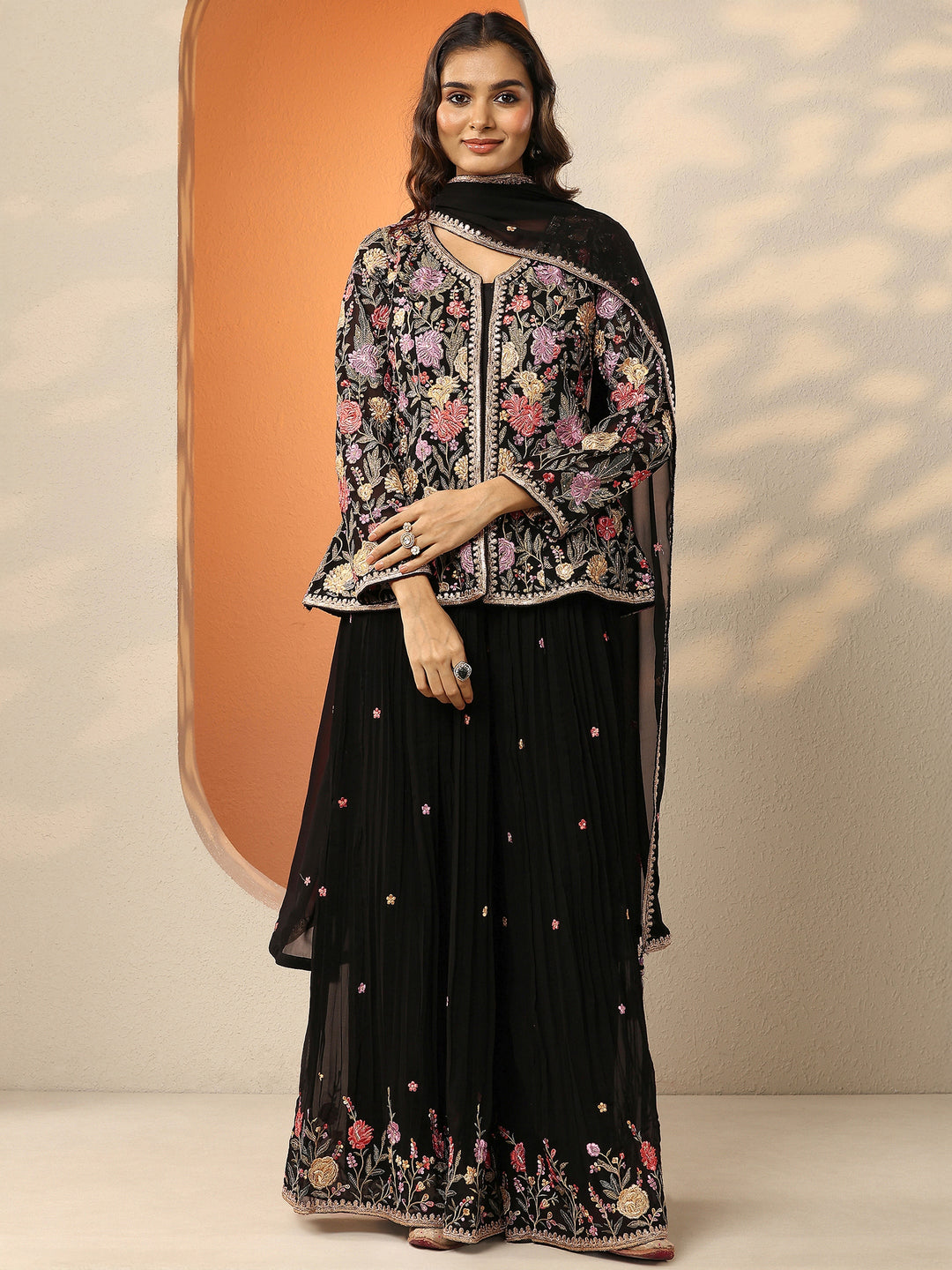 Libas Art Black Embroidered Georgette Straight Suit Set With Dupatta