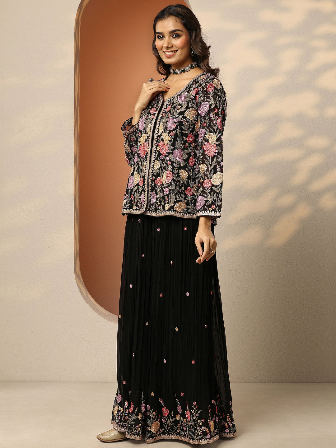  Libas Art Black Embroidered Georgette Straight Suit Set With Dupatta 