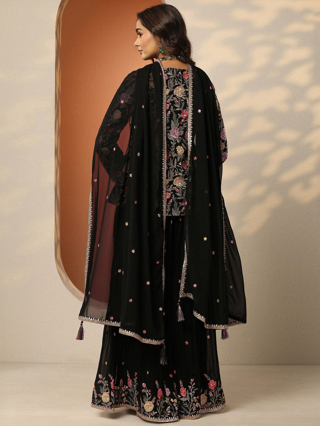  Libas Art Black Embroidered Georgette Straight Suit Set With Dupatta 