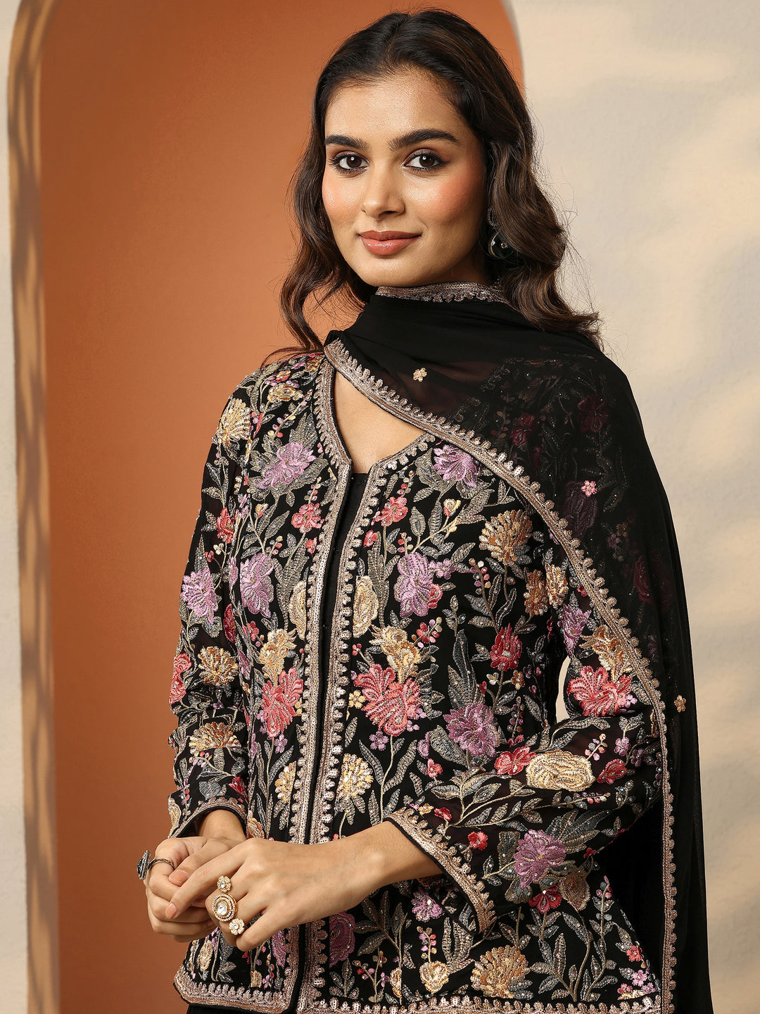  Libas Art Black Embroidered Georgette Straight Suit Set With Dupatta 