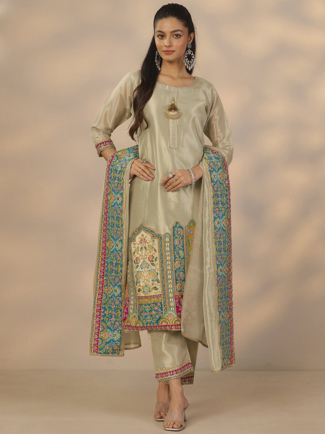  Libas Art Grey Embroidered Organza Straight Suit Set With Dupatta 