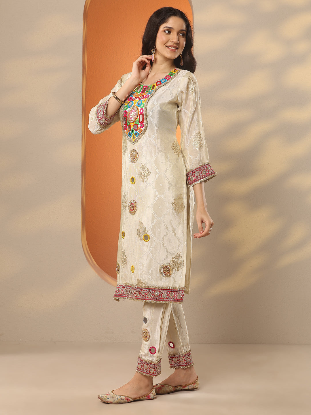  Libas Art Off White Woven Design Silk Blend Straight Suit Set With Dupatta 