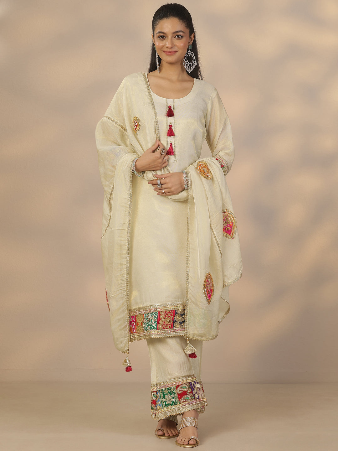  Libas Art Off White Woven Design Organza Straight Suit Set With Dupatta 