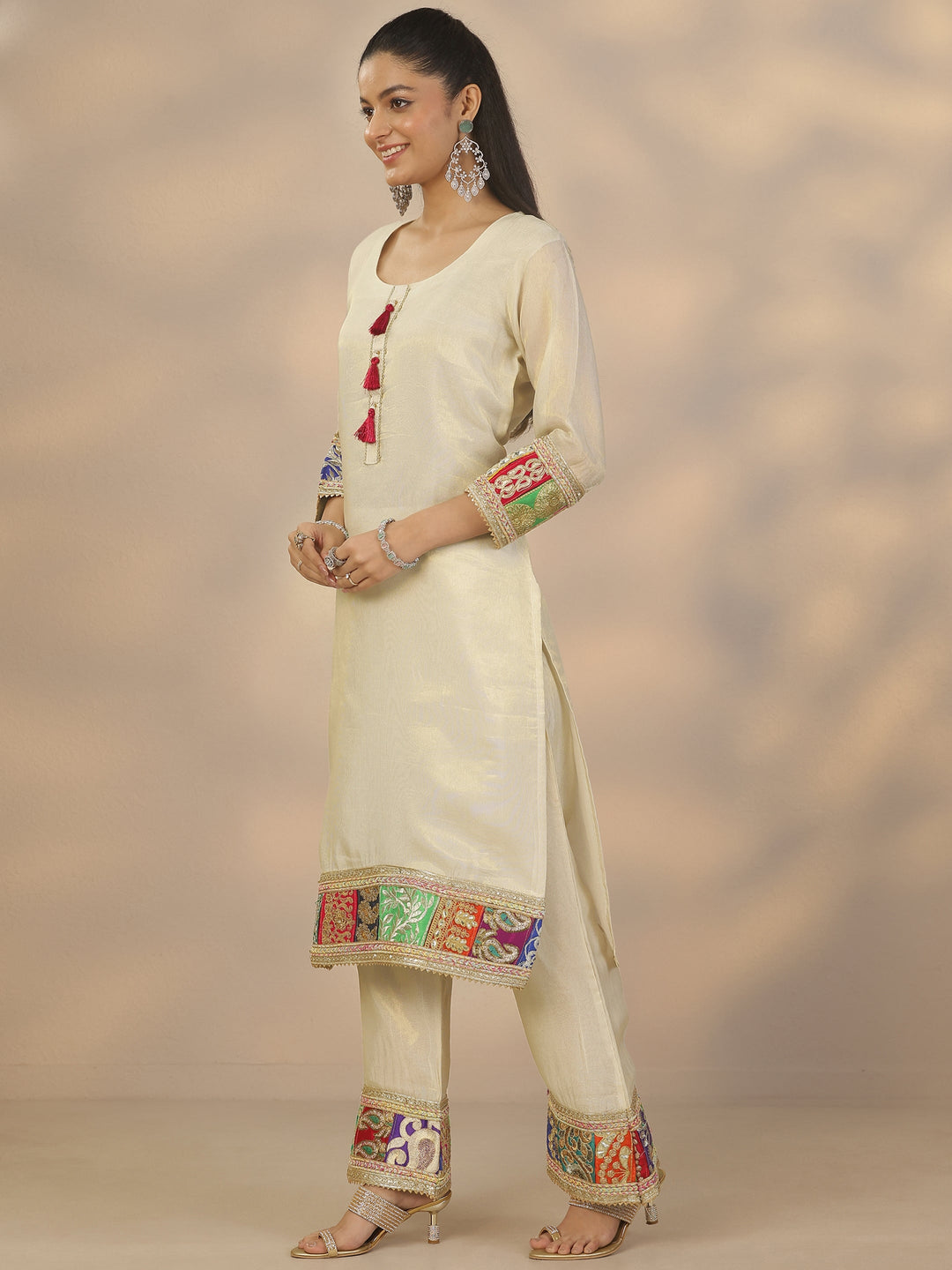  Libas Art Off White Woven Design Organza Straight Suit Set With Dupatta 