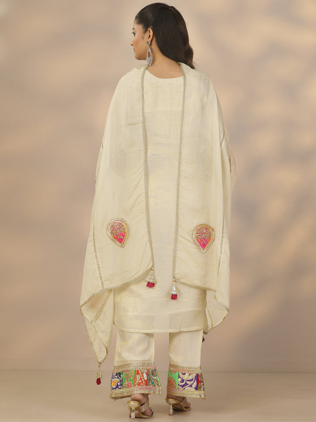  Libas Art Off White Woven Design Organza Straight Suit Set With Dupatta 