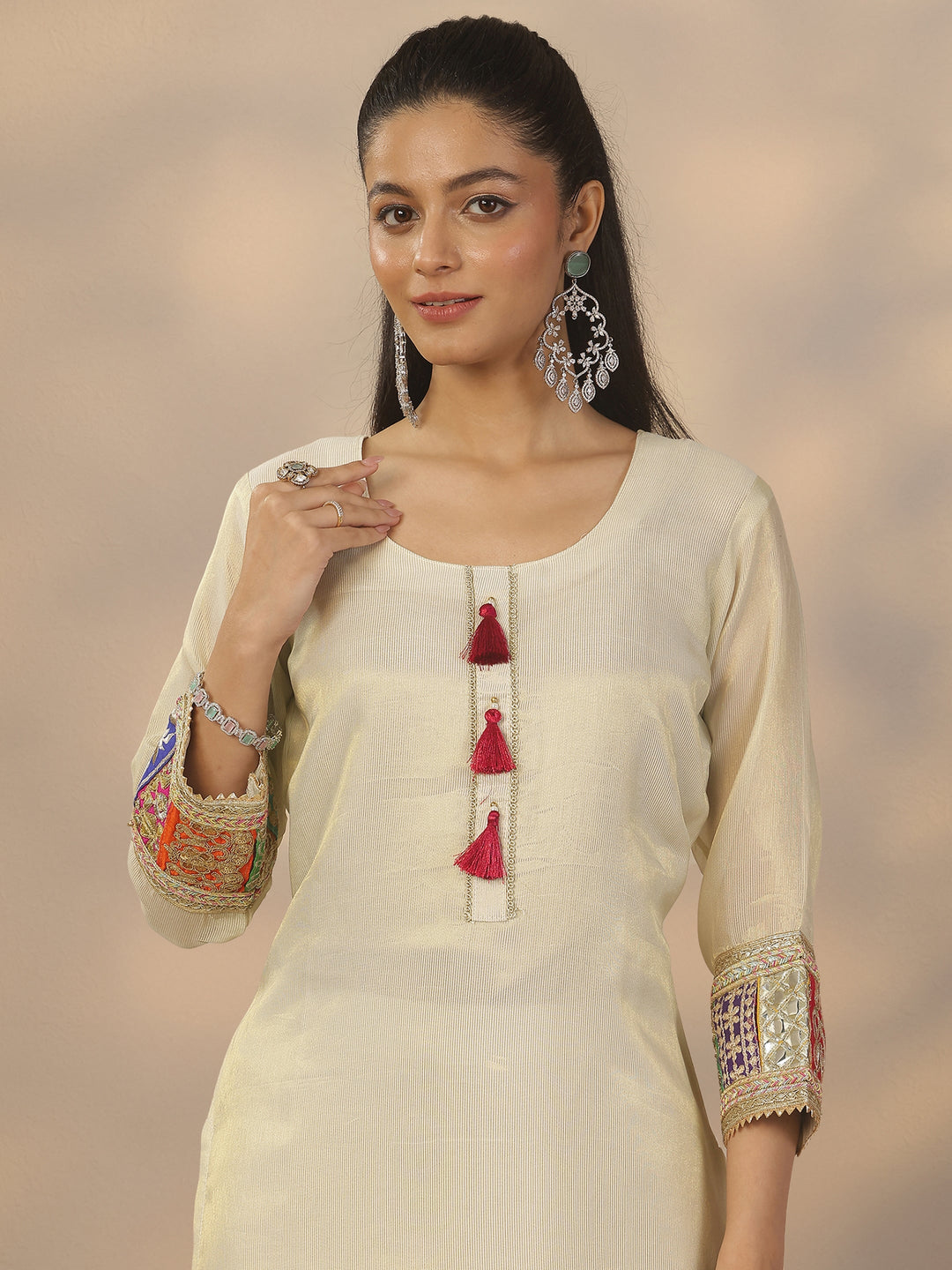  Libas Art Off White Woven Design Organza Straight Suit Set With Dupatta 