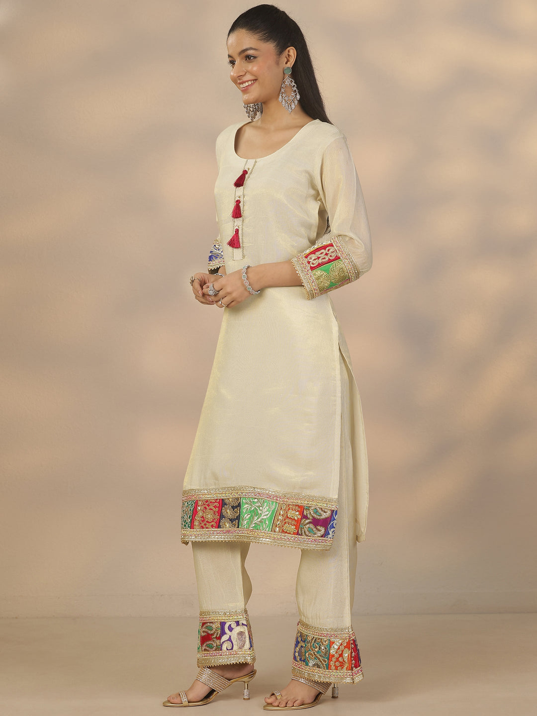  Libas Art Off White Woven Design Organza Straight Suit Set With Dupatta 