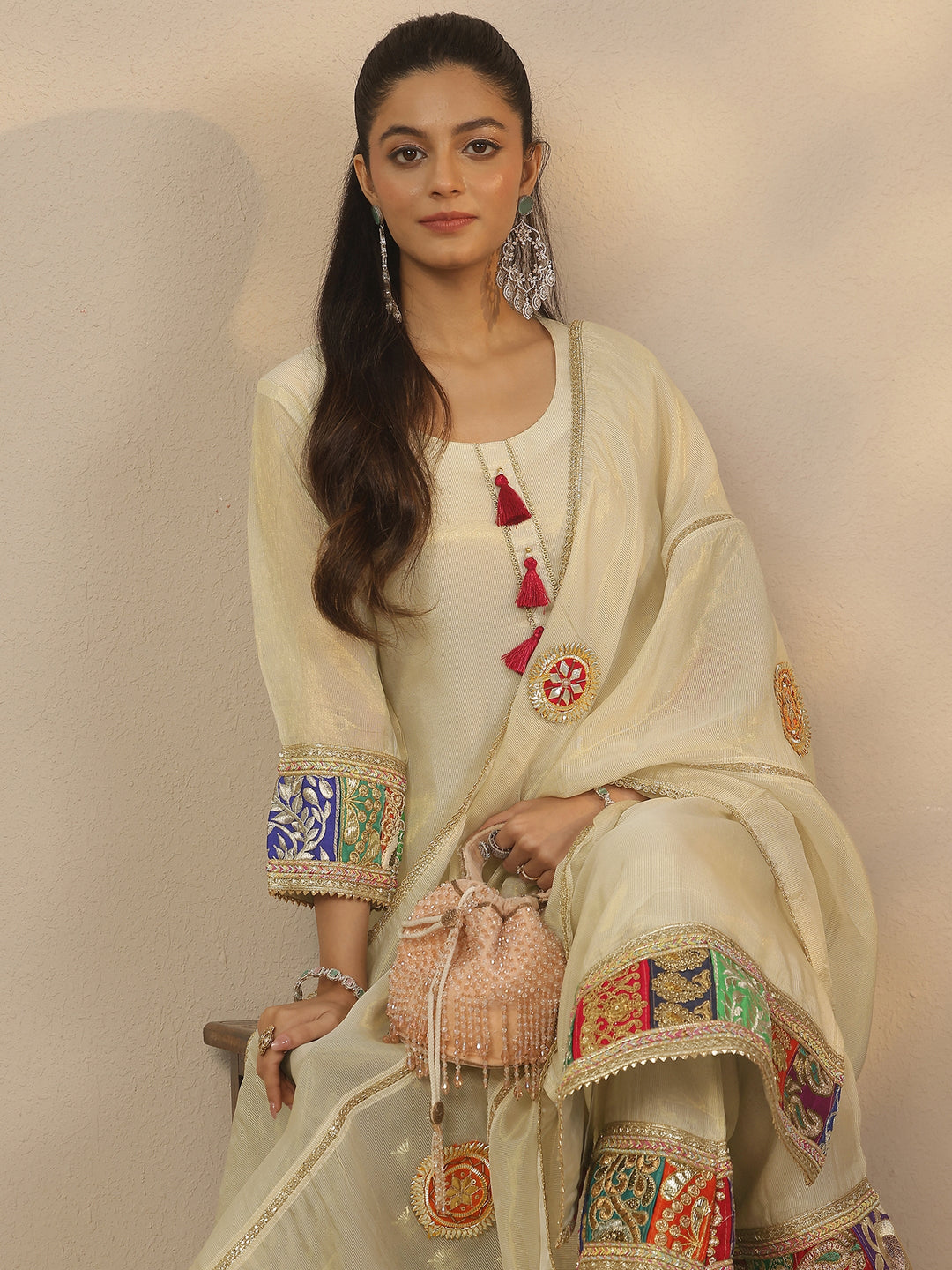  Libas Art Off White Woven Design Organza Straight Suit Set With Dupatta 