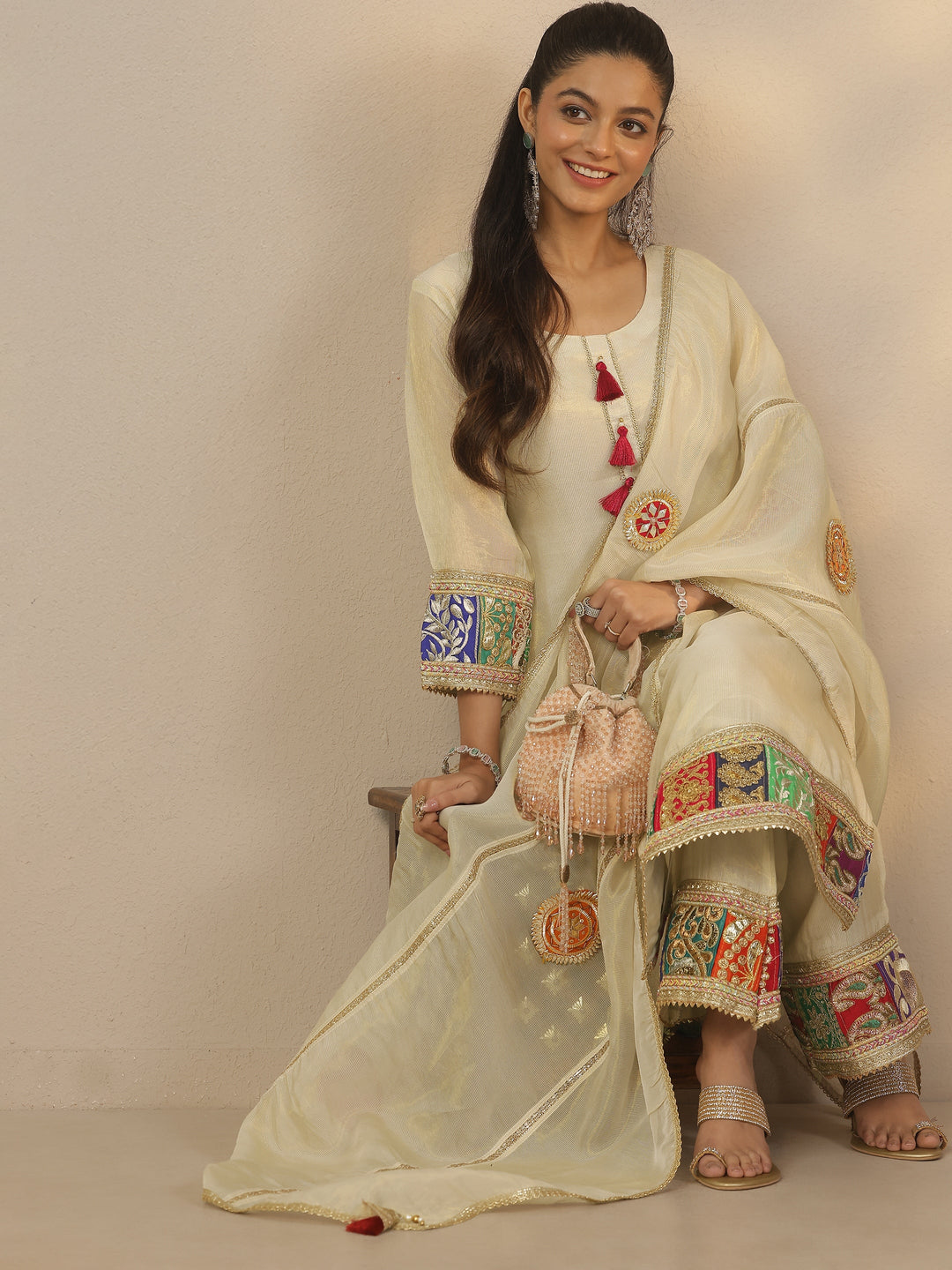  Libas Art Off White Woven Design Organza Straight Suit Set With Dupatta 
