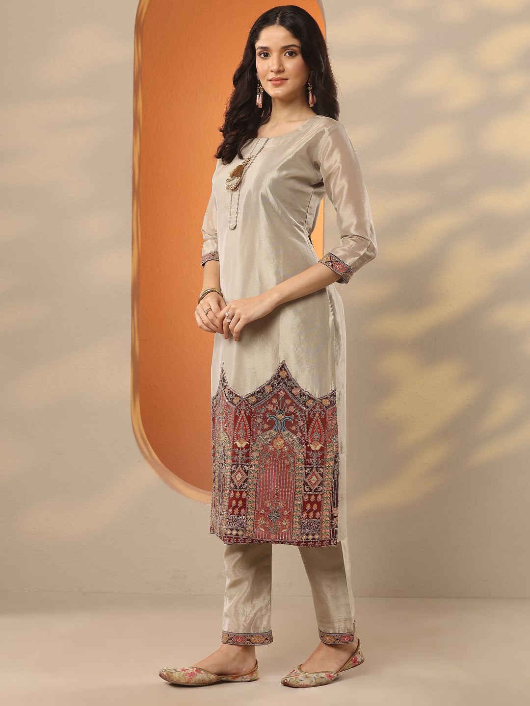  Libas Art Grey Woven Design Organza Straight Suit Set With Dupatta 