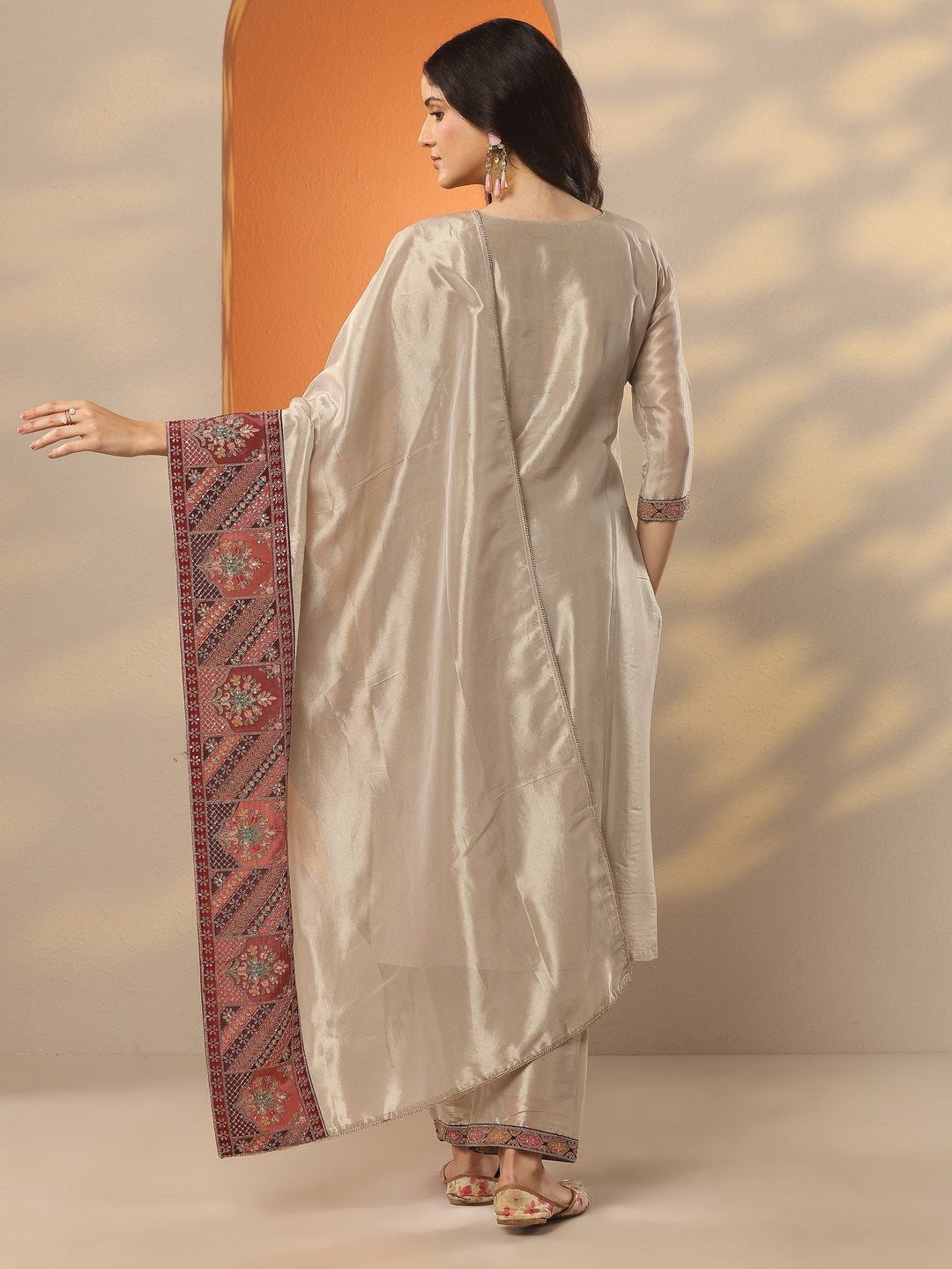  Libas Art Grey Woven Design Organza Straight Suit Set With Dupatta 