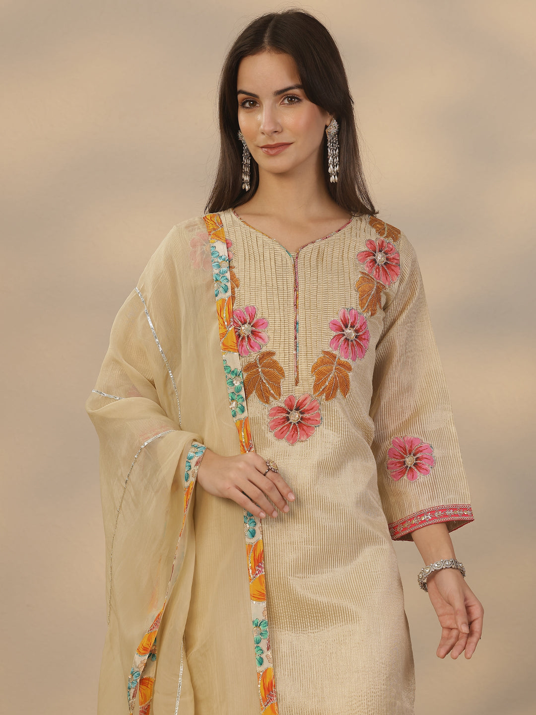  Off White Yoke Design Silk Blend A-Line Suit Set With Dupatta 